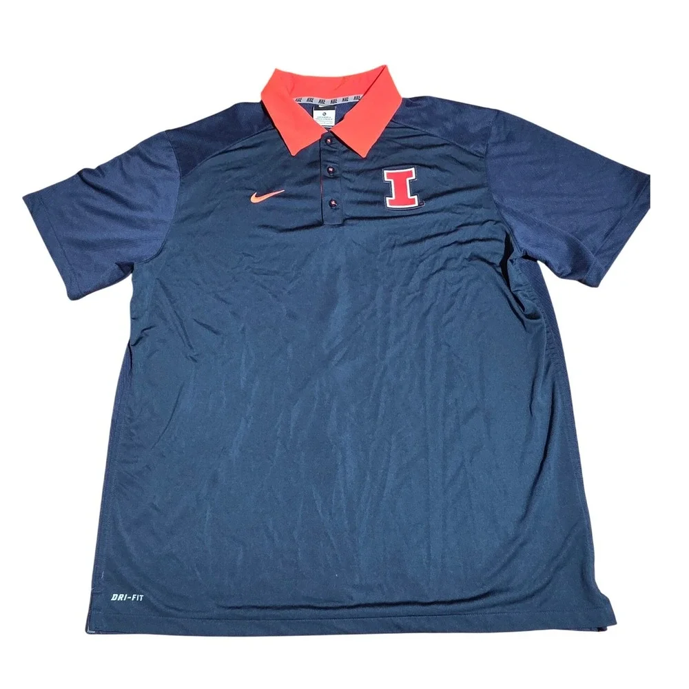 Nike Illinois Fighting Illini Dri-FIT Polo Shirt Mens XL Navy Orange Stripe